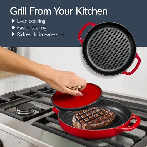 Best Choice Products 6-Piece Cast Iron Cookware Set, Ceramic Coated 6Qt Dutch Oven, 2Qt Skillet W/Lid, 10" Grill Pan W/Press, Non-toxic, Heavy Duty, Gas/Induction Compatible, PFAS Free - Red