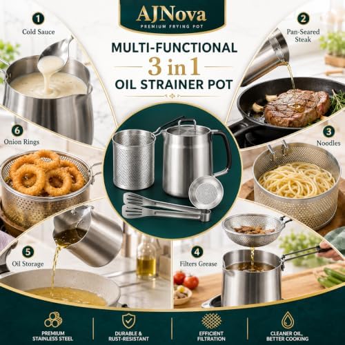 Oil Filter Pot, 68oz 2L, 304 Stainless Steel Cooking Oil Strainer