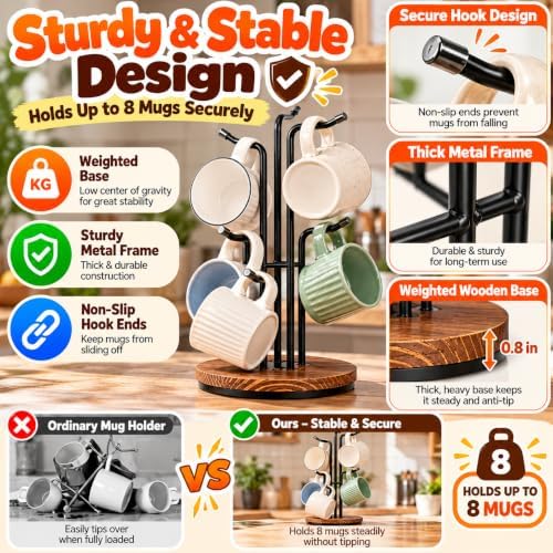 360° Rotating Mug Tree for Countertop with 8 Hooks for Kitchen Coffee