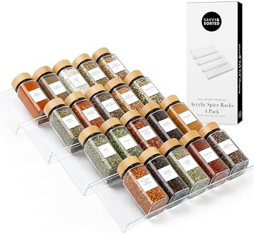 Spice Jars with Labels and Acrylic Spice Drawer Organizer Bundle, 24