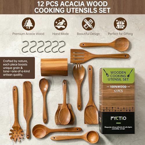 12 PCS Natural Acacia Wooden Utensil Set Wooden Spoons for Cooking