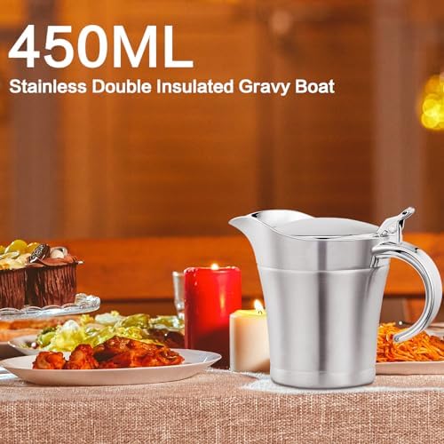 Gravy Boat Stainless Steel Double Insulated Sauce Jug with Hinged Lid