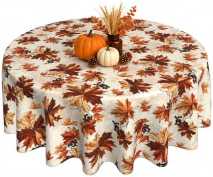 Fall Round Tablecloth 60 Inch Maple Leaves Waterproof Heat Resistant