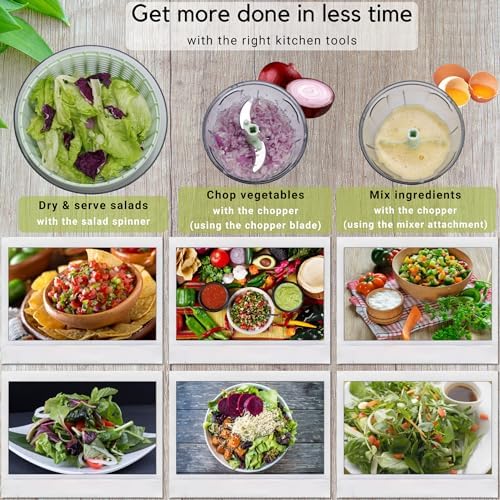 Brieftons Salad Spinner and Chopper Combo: Large 6.34-Quart Lettuce Greens Vegetable Washer Dryer with Bonus 0.95-Quart Push Veggie Chopper Mixer, Storage Lids, Collapsible, No Electricity, Easy Prep