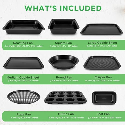 10-Piece Nonstick Bakeware Set - PFOA PFOS PTFE Free Food Grade Safe Carbon Steel Baking Tray Set - Oven Safe Up to 446°F, Pizza, Loaf, Muffin, Round/Square Pans, Cookie Sheet, Etc - NutriChef NCBS10S