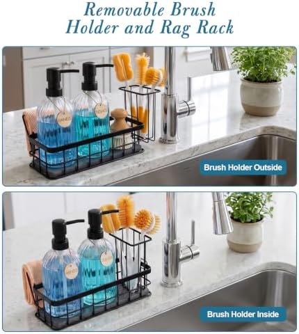 Kitchen Soap Dispenser Set with Sponge Holder, 15 fl oz, Clear Glass