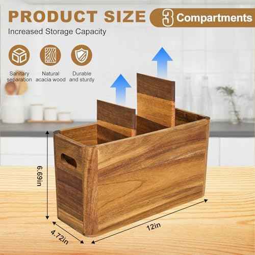 Utensil Holder, Kitchen Utensil Holder, Acacia Wooden Utensil Holder, Kitchen Utensil Holder for Countertop, Large Utensil Holder for Storage Cooking Tools and Silverware with 3 Compartments