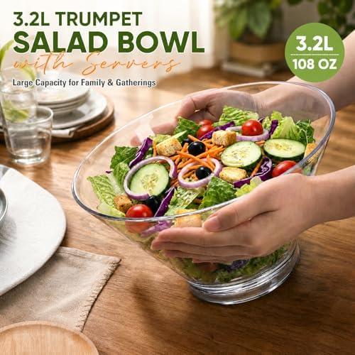 Covzoe 108 Oz Acrylic Salad Bowl with Serving Utensils, 10.4 Inch