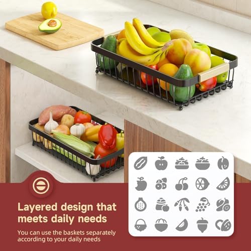 Sevenblue 2-Tier Fruit Basket with Banana Hangers, Detachable Metal Bowl