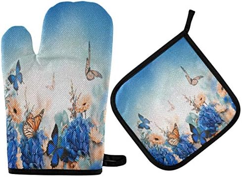 QMXO Hydrangea Daisy Oven Mitts Quilted Cotton Lining Potholders BBQ