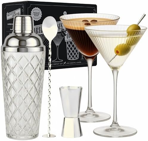 VEMACITY Silver Cocktail Shaker Set + 2 Ribbed Martini Glasses & Bar