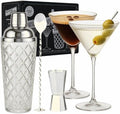 VEMACITY Silver Cocktail Shaker Set + 2 Ribbed Martini Glasses & Bar