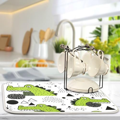 OTVEE Dinosaur Fun Art Dish Drying Mat for Kitchen Counter Absorbent