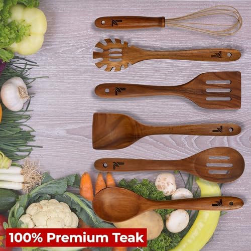 6-Piece Natural Teak Kitchen Utensil Set with Linen Bag