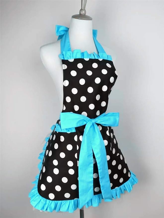 Hyzrz Cute Apron Retro Black Polka Dot Retro Ruffle Side Vintage Cooking Aprons - Image 2