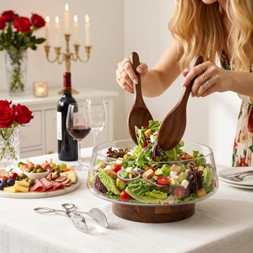 Accguan Large Glass Salad Bowl Set with Acacia Wood Base