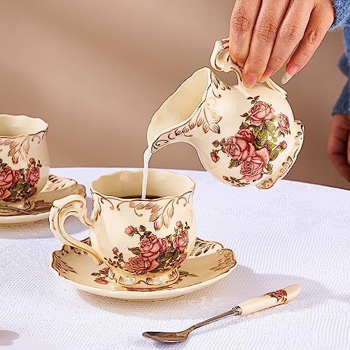 YOLIFE Ceramic Sugar and Creamer Set, Vintage Sugar Bowl (Pink Rose)