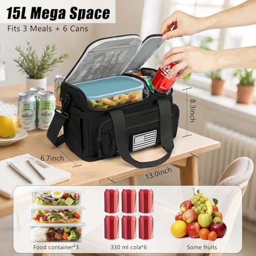 Lunch Box for Men Women, 15L Insulated Lunch Bag with Hot/Cold