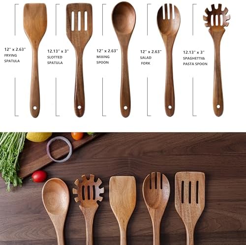 5-Piece Kitchen & Cooking Utensils Set - Natural Acacia Wood Material