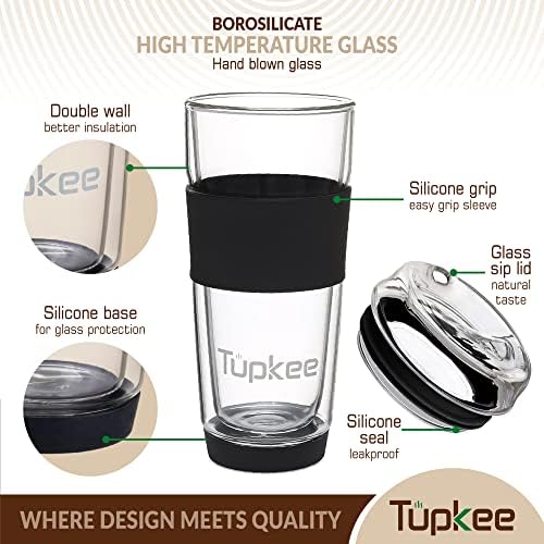 Double Wall Glass Tumbler, 14-Ounce Glass Travel Coffee Mug with Lid