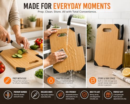 Bamboo Cutting Board with Knife Set, 13.4 x 9.4 Inch Wooden Chopping