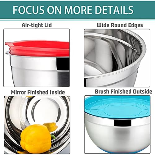 P&P CHEF Stainless Steel Mixing Bowls With Lids, Set of 6, Multicolor