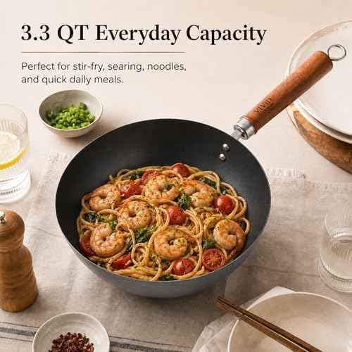 10.2-Inch Carbon Steel Wok Frying Pan with Lid, Flat Bottom