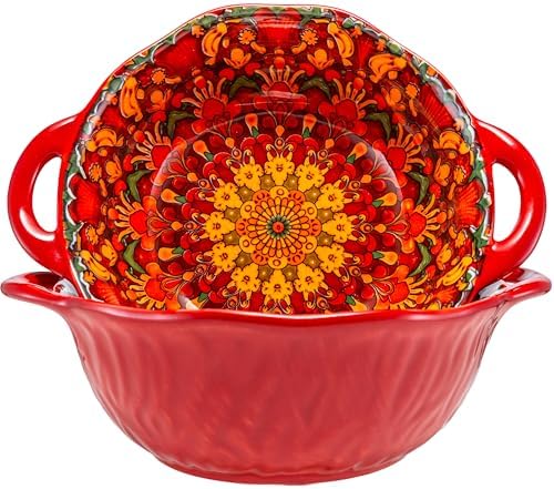 Boho Ceramic Serving Bowls with Handles Set of 2, Ceramic Large Serving Bowls, 40 Oz Porcelain Salad Bowls, Large Serving Dishes for Entertaining, Nesting Mixing Bowls for Soup,Stew,Fruits,Dinner