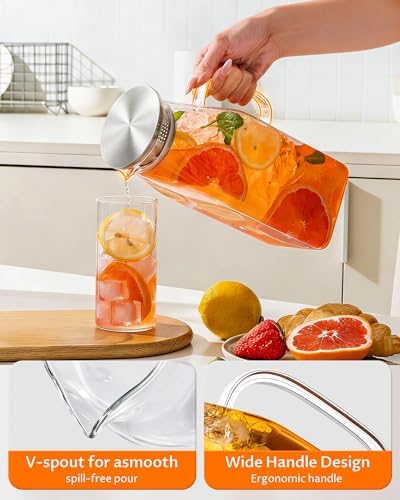 68oz Glass Pitcher with Lid, Borosilicate Glass Carafe with Filter