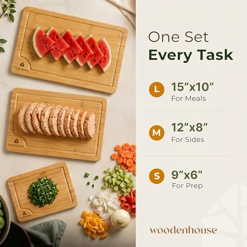 Bamboo Cutting Boards for Kitchen Set of 3, Deep Juice Grooves &