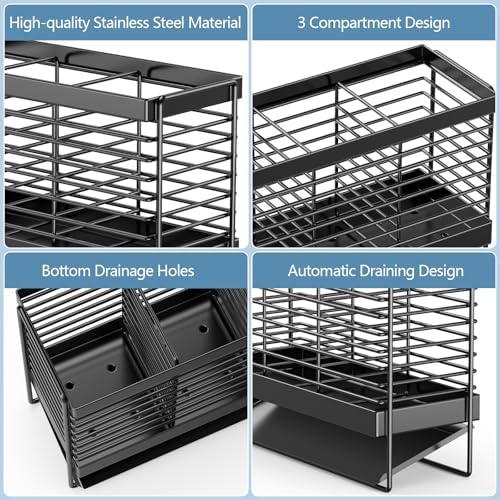 Utensil Holder, Drying Rack with Automatic Drain Tray for Kitchen