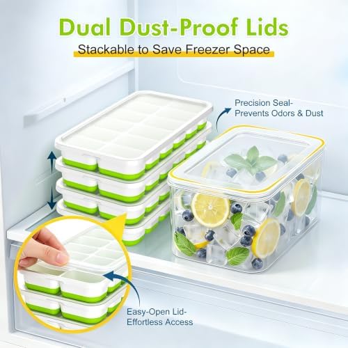 Ice Cube Tray with Lid and Bin - 4 Pack 48 Cubes Stackable Freezer