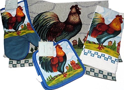 Blue 9 Piece Rooster Country Design Kitchen Set - 2 Potholders, 1 Oven