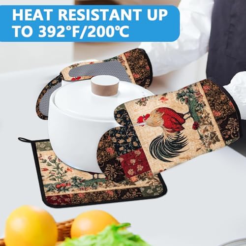 Rustic Rooster Oven Mitts and Pot Holders Set, 4 Pcs