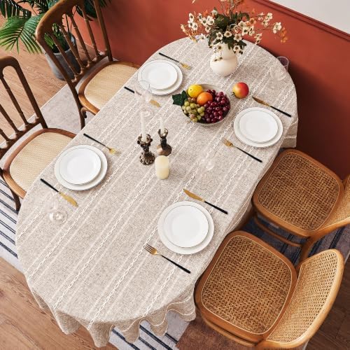 Light Coffee Farmhouse Striped Oval Tablecloth, 55×86 Inch Linen Cover