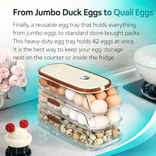Egg Organizer for Refrigerator, 3-Tier Auto-Roll, Holds 42 Eggs