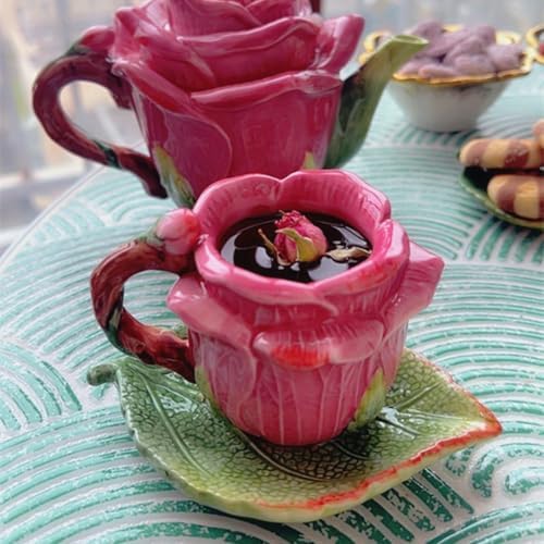 Ceramic Rose Tea Pot Set, 3D Hand-painted Rose Red Flower Cup and