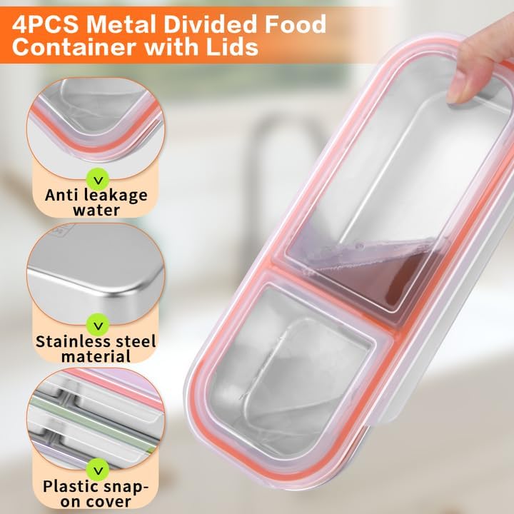 4 Pack 2-Compartment Stainless Steel Lunch Containers