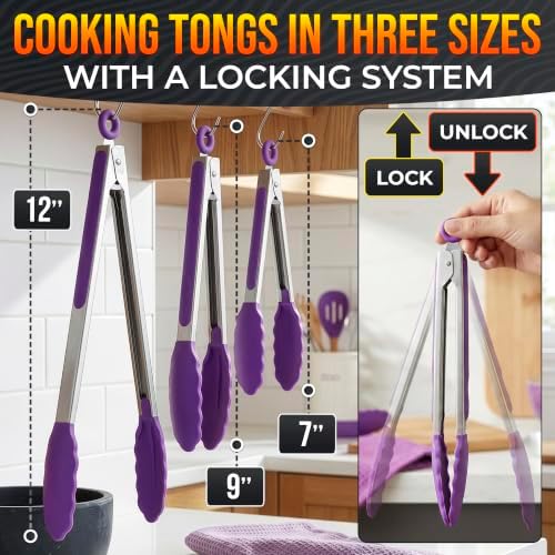 Kitchen Tongs Set, 3-Piece, 7/9/12-Inch, Purple