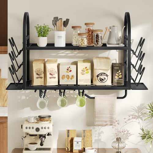 HOOBRO 30 Inch Pot Rack Wall Mounted, 2 Tier Pots and Pans Organizer with 6 Lid Holders and 10 Hooks, Wall-Mounted Pan Hanger with Towel Bar, for Kitchen Cookware Utensils Storage, Black BB100TL01
