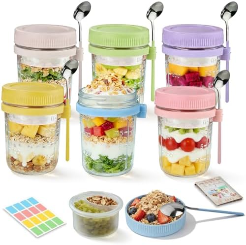 Overnight Oats Containers, 6 Pack 16 oz Glass Mason Jars