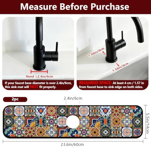2 Pcs Kitchen Sink Splash Guard Faucet Mat Colored Bohemian Tiles
