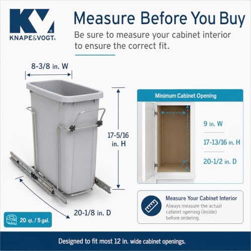 Knape & Vogt Pull-Out Trash Can, 20 Qt, Platinum