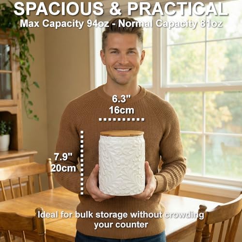 25DOL XXL 94 Oz Engraved Ceramic Kitchen Canister, Airtight Bamboo Lid