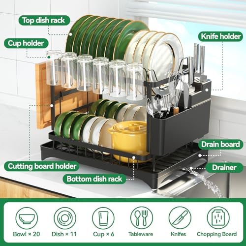 2-Tier Metal Dish Drying Rack with Drainboard, Black