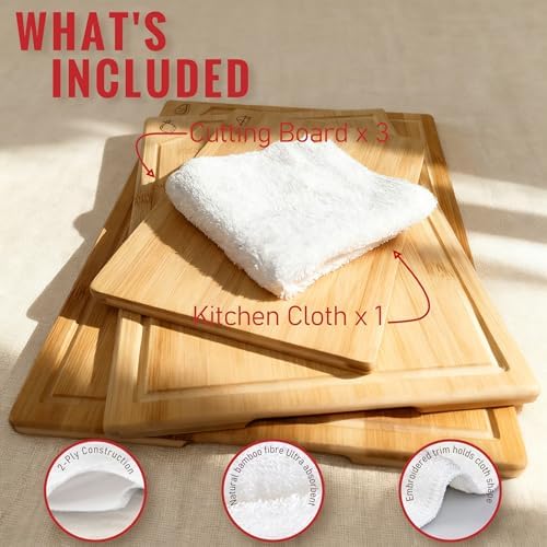 Large Bamboo Cutting Board 3 Piece Set with Juice Groove & Handle