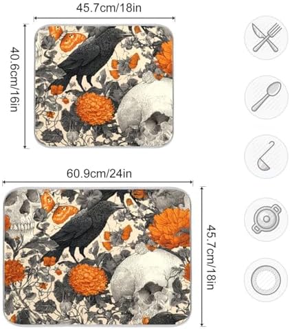 OTVEE Floral Macabre Skull Dish Drying Mat for Kitchen Counter