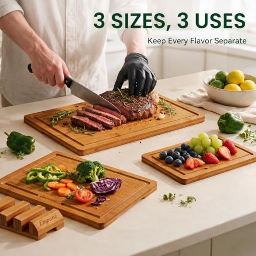 Empune Bamboo Cutting Board Set with Stand & Juice Grooves, Deep
