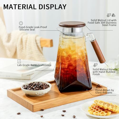 Jug 1.8L Glass Pitcher with Wooden Lid and Handle, Borosilicate Glass