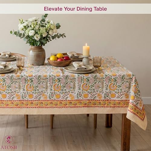 ATOSII Cotton Blockprint Rectangle Tablecloth, Clover Yellow, 90" X